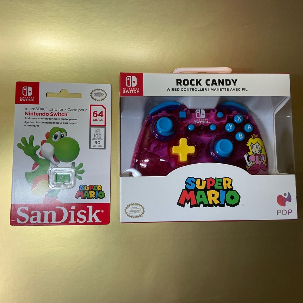 Nintendo Switch Bundle Pink Rock Candy Wired Controller & Yoshi Micro SD